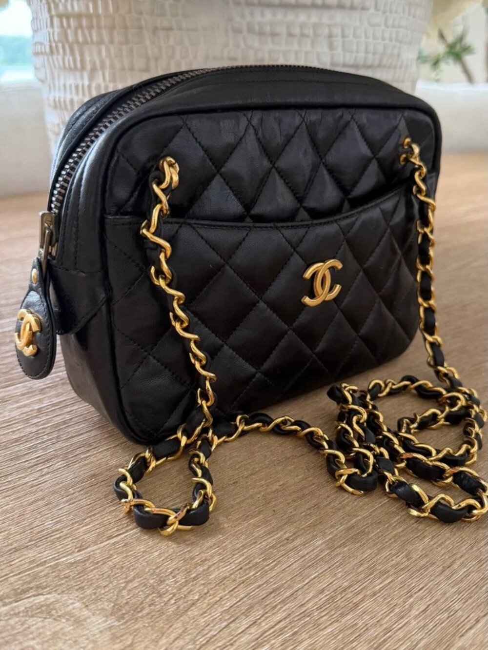 CHANEL Black Quilted Lambskin Crossbody with Gold Chain
